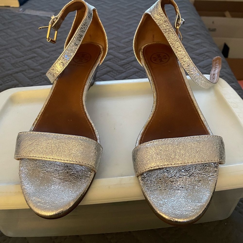 Tory Burch Silver Ankle Strap Wedge Sandals